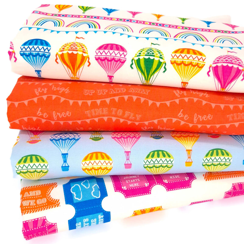 A fat quarter bundle of 4 hor air balloon themed fabric prints