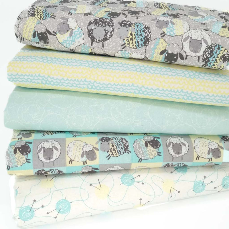 Five fat quarter bundles featuring knitting sheep in a mint and yellow colourway