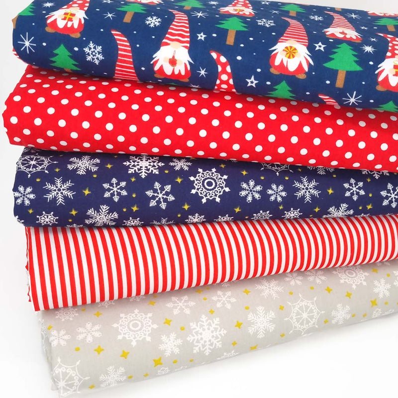 Fat quarter bundle of 5 festive fabric prints including gonks, spots and candy stripes in reds and navys
