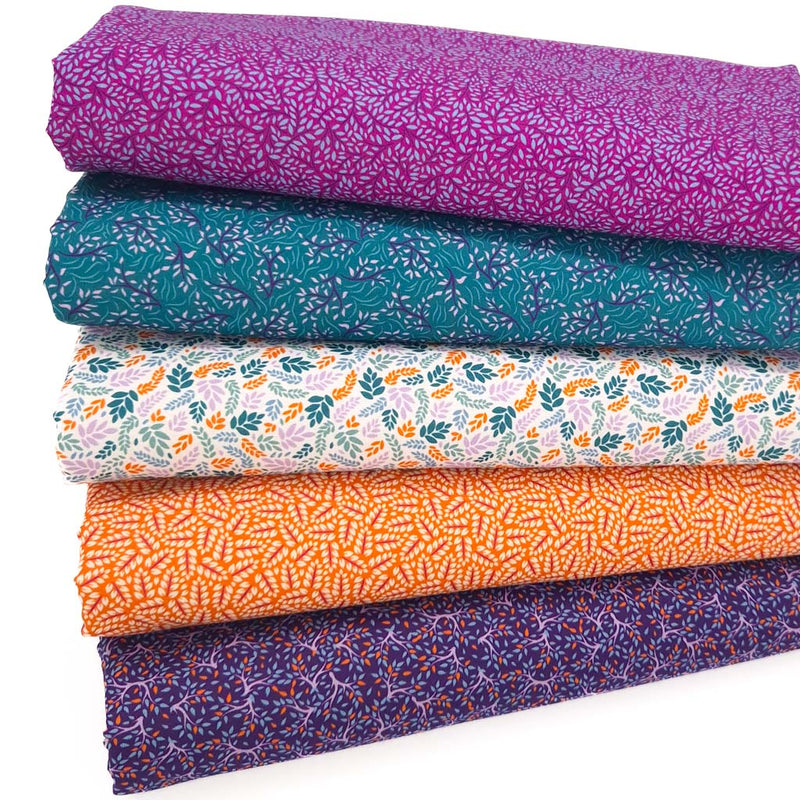 A fat quarter bundle of five opulent leaves designs printed on cotton fabric