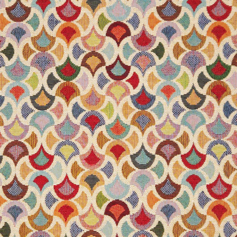 A colourful geometric design printed on a tapestry upholstery fabric