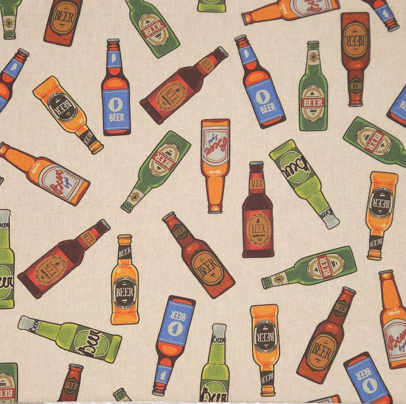 Pattern of colourful beer bottles on a beige canvas fabric