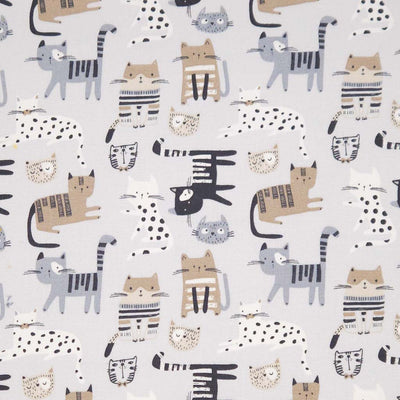 Pattern of cartoon cats  on a pale grey canvas fabric