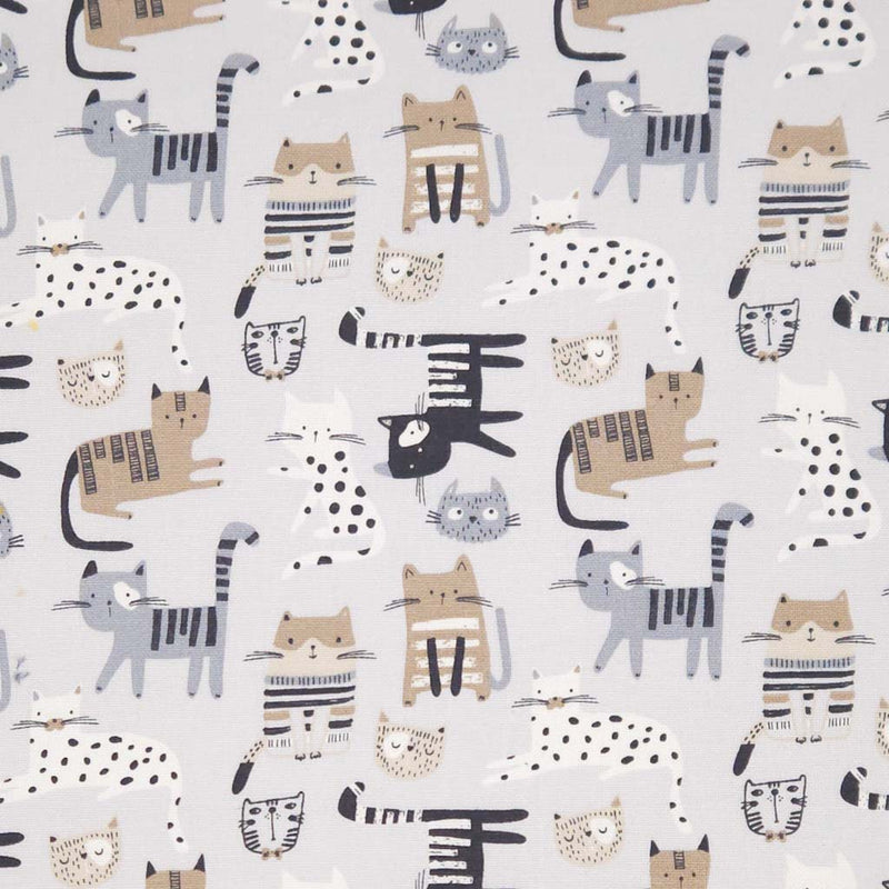 Pattern of cartoon cats  on a pale grey canvas fabric