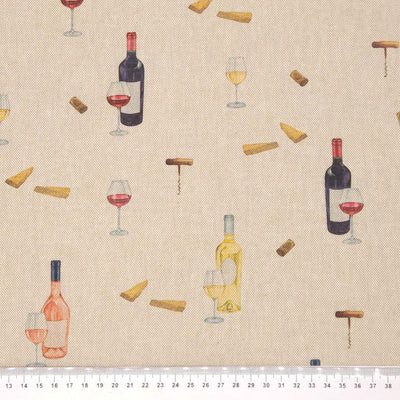 Pattern of wine bottles, glasses, and corks on a beige fabric with a cm ruler