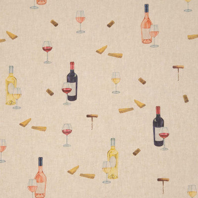Pattern of wine bottles, glasses, and corks on a beige fabric