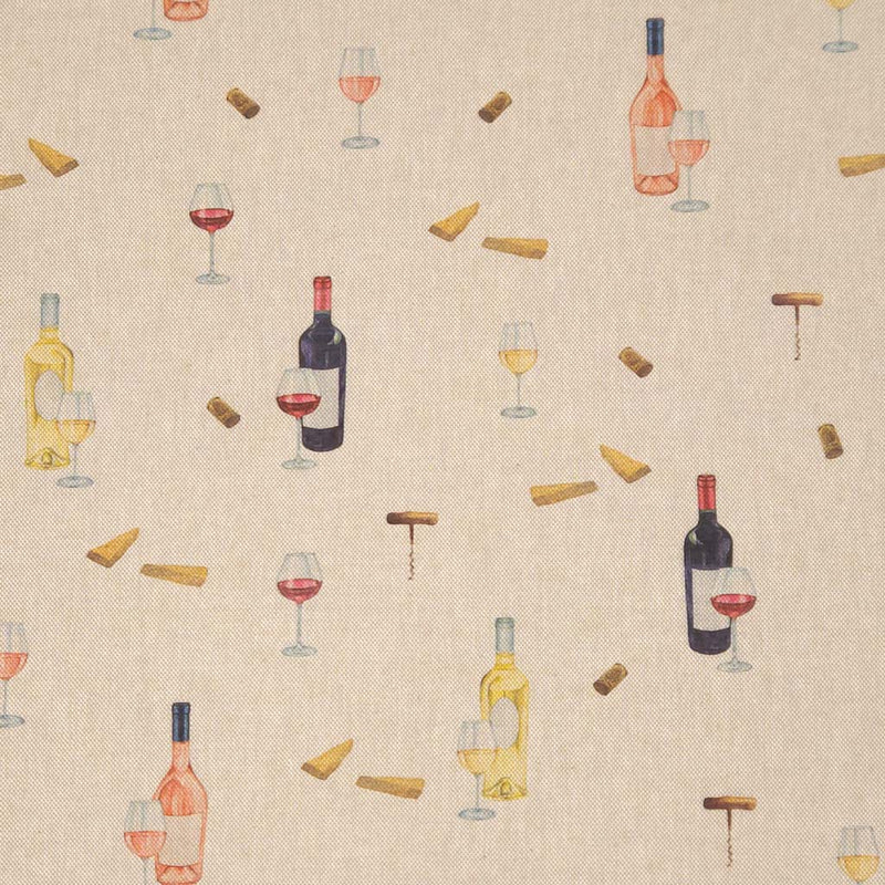 Pattern of wine bottles, glasses, and corks on a beige fabric