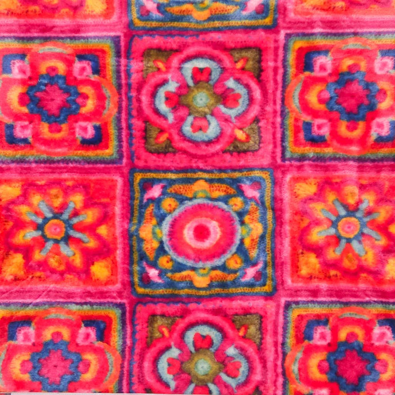 A 3D crochet design in pink printed on a cuddle fleece fabric