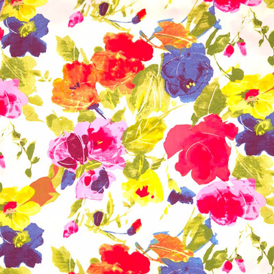 Bright flowers printed on a white cotton poplin