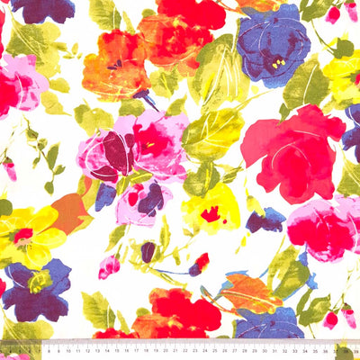 Bright flowers printed on a white cotton poplin with a cm ruler