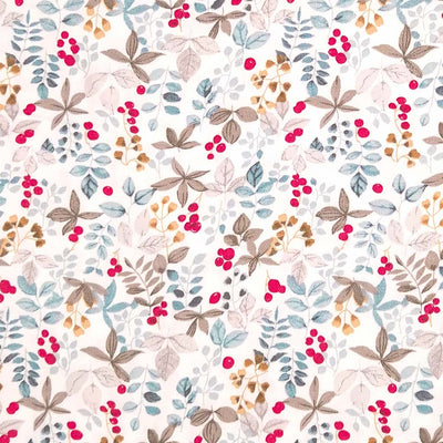 Red berries and fauna printed on an ivory viscose twill fabric