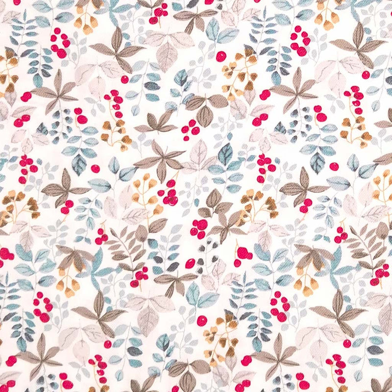 Red berries and fauna printed on an ivory viscose twill fabric