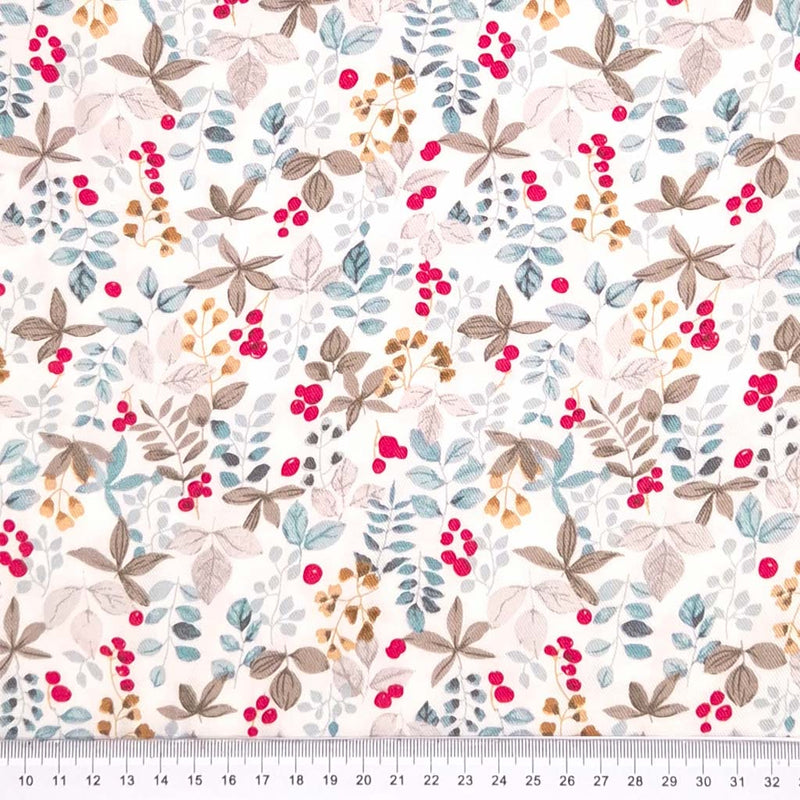 Red berries and fauna printed on an ivory viscose twill fabric with a cm ruler