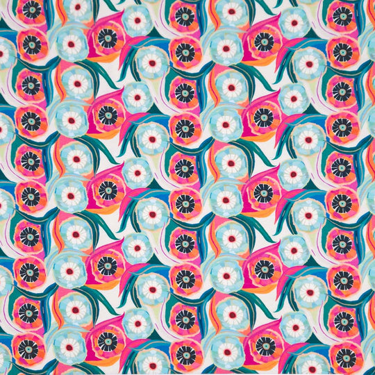 A retro flower design printed on a cotton jersey fabric