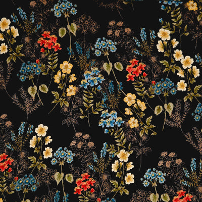 Floral pattern with red, yellow, and blue flowers on a black viscose marocaine