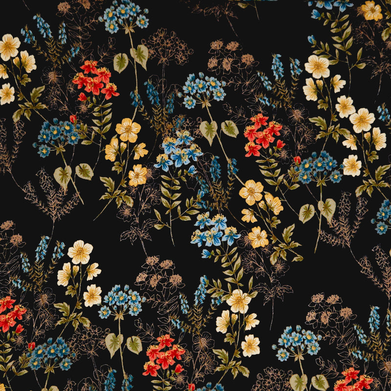 Floral pattern with red, yellow, and blue flowers on a black viscose marocaine
