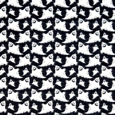 Pattern of white ghosts on a black halloween polycotton fabric