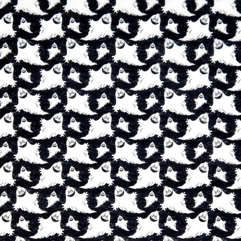 Pattern of white ghosts on a black halloween polycotton fabric