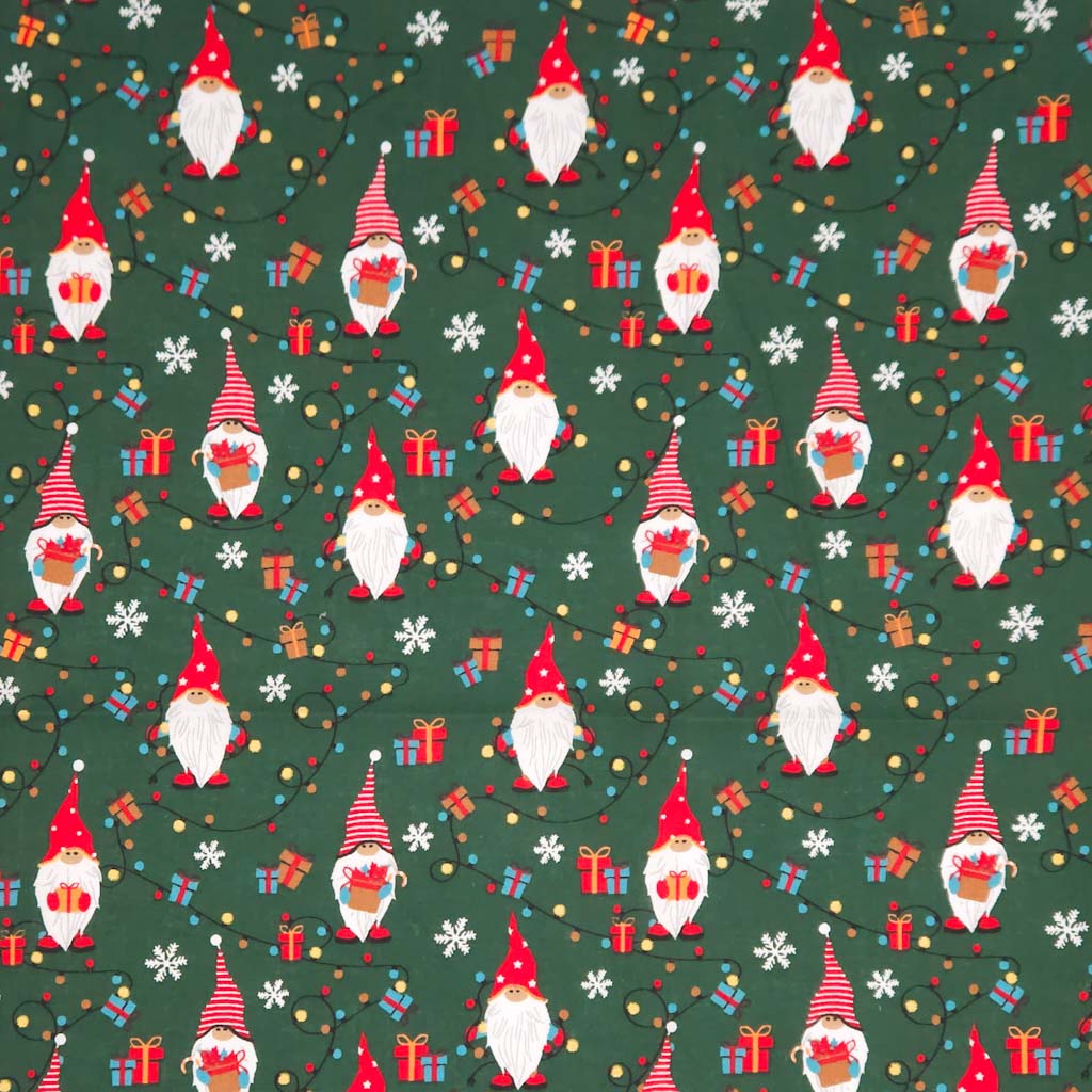 Pattern of Christmas gnomes, presents, and snowflakes on a green cotton fabric