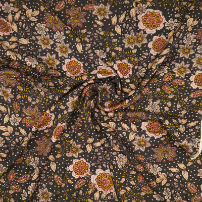 Floral pattern with multicolored flowers on a dark viscose fabric