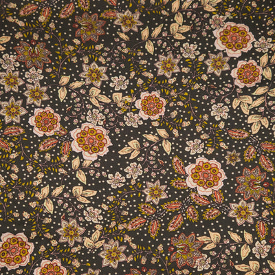 Floral pattern with multicolored flowers on a dark viscose fabric