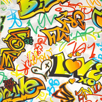 Brightly coloured graffiti is printed on a half panama fabric