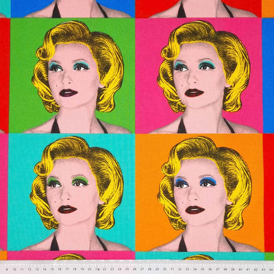 A pop art image of a lady printed on a panama fabric with a cm ruler