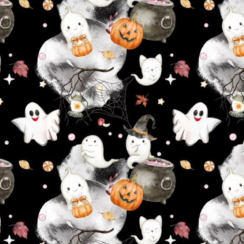 Halloween ghosts printed on a black cotton poplin fabric