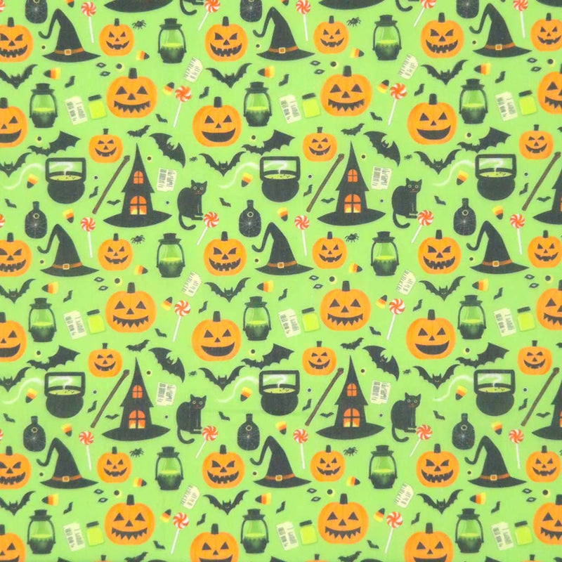 Halloween-themed pattern with pumpkins, cats, and witches&