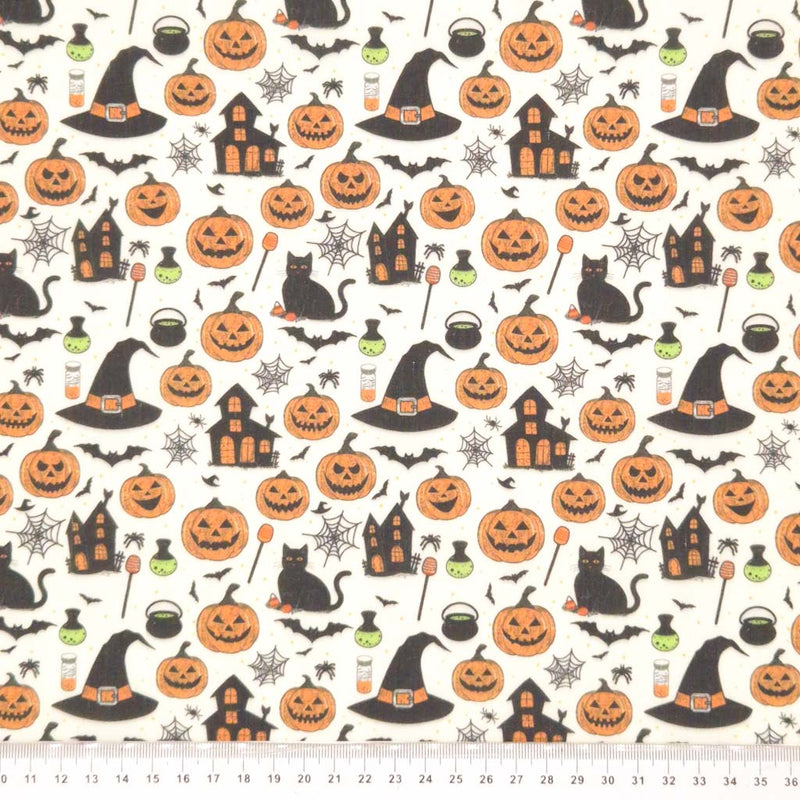 Halloween-themed fabric pattern with pumpkins, cats, witches&