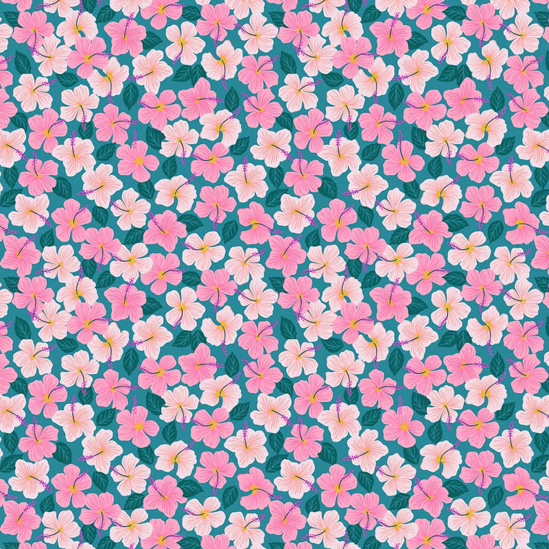 A beautiful ditsy pink hibiscus floral design printed on a blue 100% premium quilting cotton