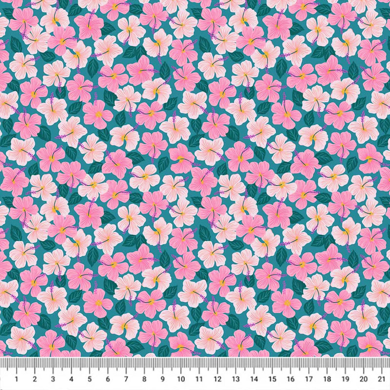 A beautiful ditsy pink hibiscus floral design printed on a blue 100% premium quilting cotton with a cm ruler