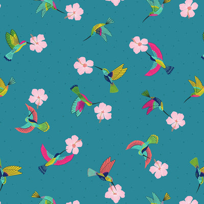 Hummingbirds printed on a blue cotton fabric