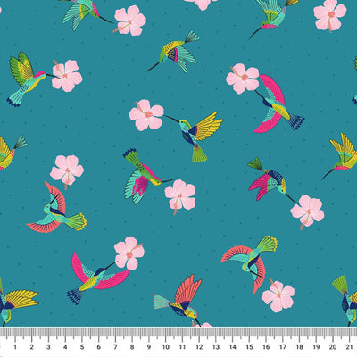 A beautiful hummingbird design printed on a blue 100% premium quilting cotton with a cm ruler