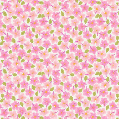 A beautiful ditsy pink hibiscus floral design printed on a cream 100% premium quilting cotton