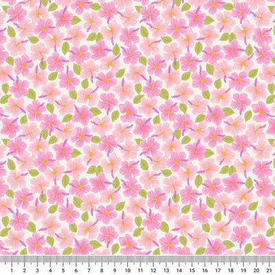 A beautiful ditsy pink hibiscus floral design printed on a cream 100% premium quilting cotton with a cm ruler