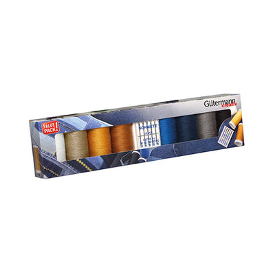 A set of 8, 100% polyester Gutermann threads with 5x Schmetz jeans machine needles.