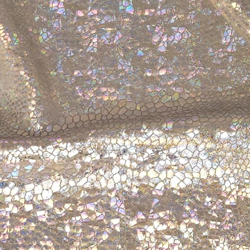 Close-up of iridescent glittery fabric with a snakeskin print