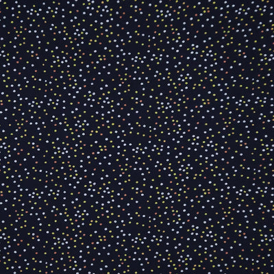 Navy blue fabric with small multicolored dot pattern