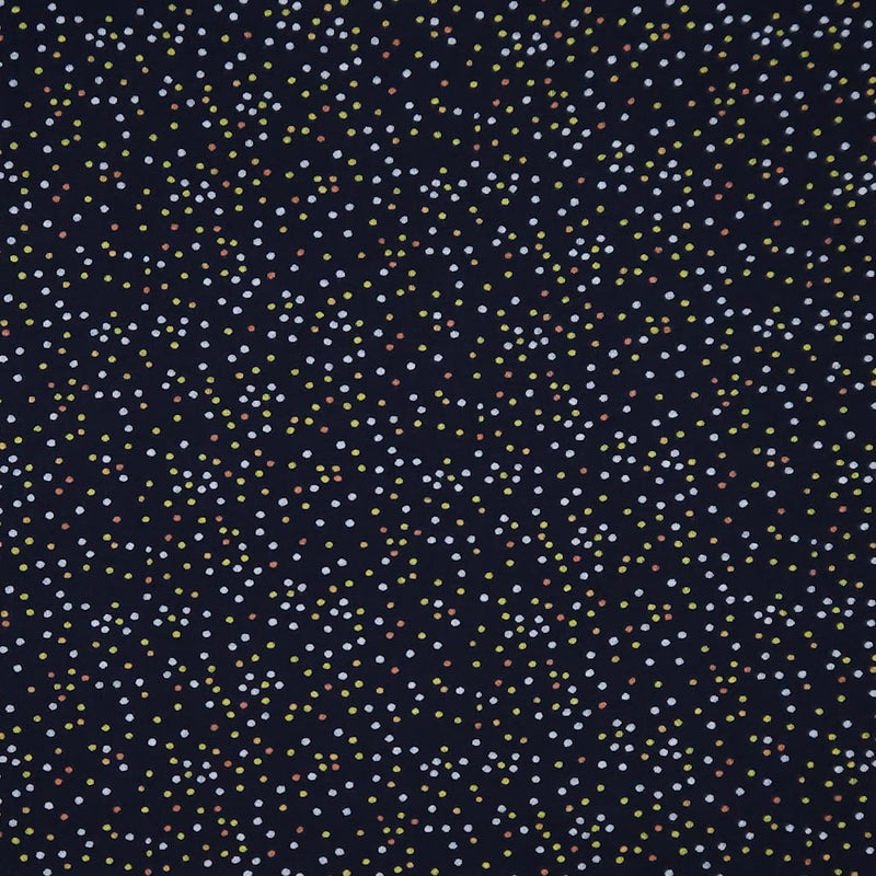 Navy blue fabric with small multicolored dot pattern
