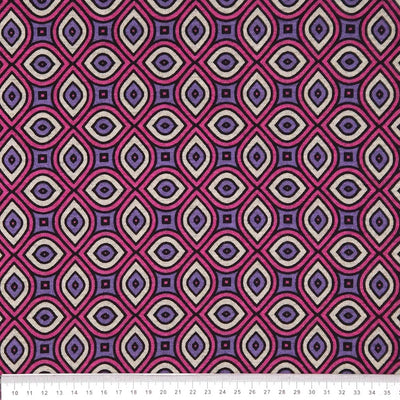Geometric pattern fabric with pink and purple design on a white ponteroma fabric