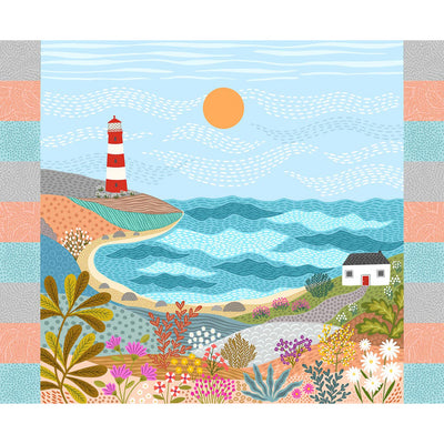 A quilting panel with a coastal scene