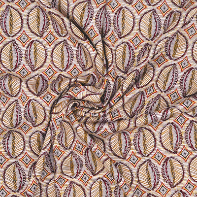 Patterned viscose fabric with leaf-like shapes and geometric designs in brown, beige, and orange.