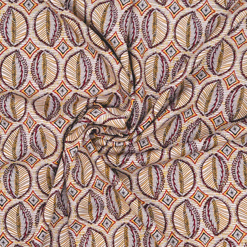 Patterned viscose fabric with leaf-like shapes and geometric designs in brown, beige, and orange.