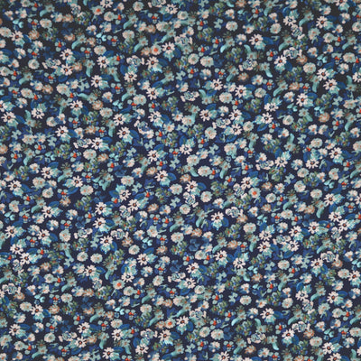 Floral pattern fabric with small flowers on a dark blue viscose fabric