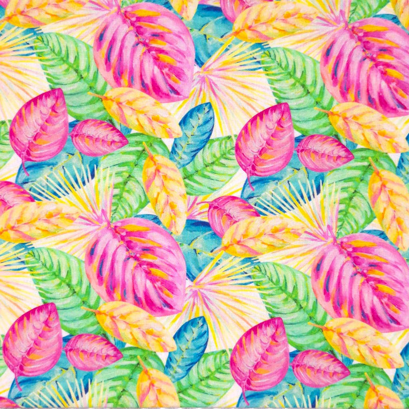 Detailed fan leaves in vibrant summer shades of pink, yellow, green and blue printed on a butter yellow linen mix dressmaking fabric