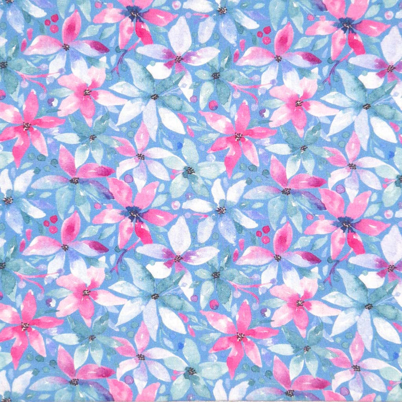 Pink flowers printed on a blue linen viscose mix fabric