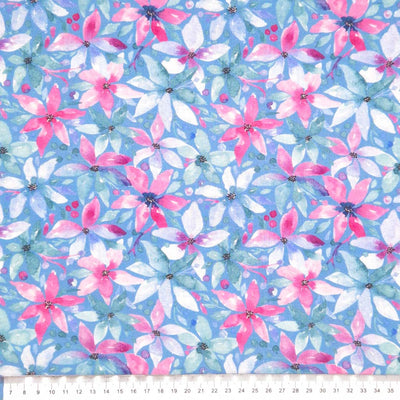 Pink flowers printed on a blue linen viscose mix fabric with a cm ruler