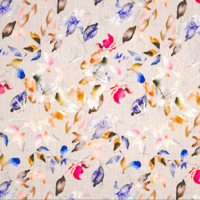 Pattern of colourful leaves on a textured dove linen fabric
