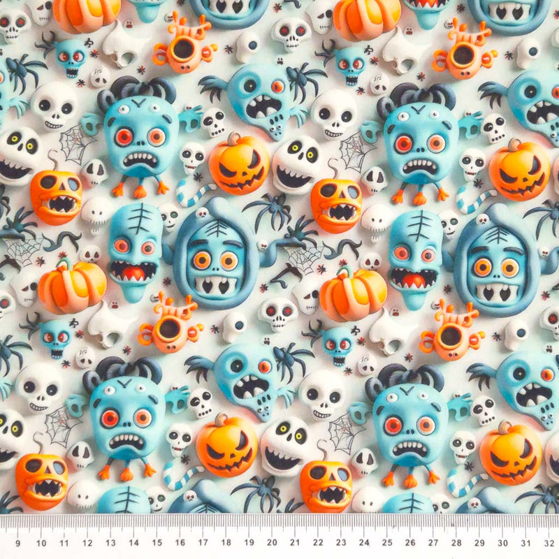 3d monsters printed on a cotton fabric by Little Johnny with a cm ruler